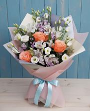 Букет цветов из:  Лизиантусы, Розы, Альстромерии и Гипсофила в Покровском Республика Дагестан